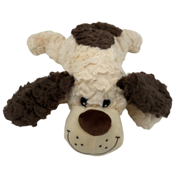 Liegendes Hund Plüschtier in weiß mit dunkelbraunen Akzenten und Schlappohren, ca. 42 cm lang.